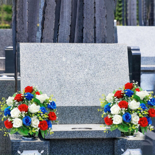 Artificial Red White Blue Roses Bouquet for Cemetery and 2