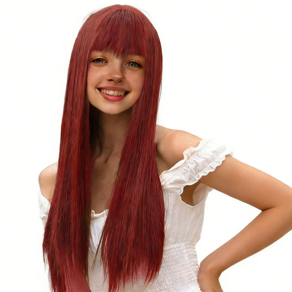 Unisex Popular Synthetic Straight Wigs Hair With Bangs-Claret 30Inches