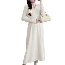 Maternity Knit Dress Comfortable Polyester Fabric-Cream L