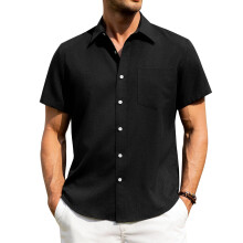Mens Shirts Short Sleeve Button Down Shirts Wrinkle-Black XL