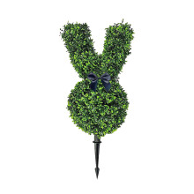 Easter Garden Decor, 24" Realistic Boxwood Rabbit Stake with Blue Bow, Artificial Greenery Bunny Topiary for Outdoor Lawn Yard Art