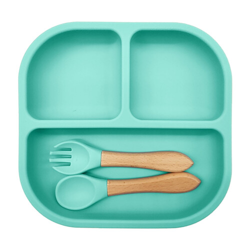 Piatto per bambini in silicone con scomparti e posate.