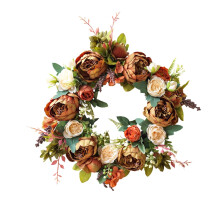 16" Artificial Peonies & Roses Wreath for Front Door, Wall, Porch, Window – Spring/Summer Farmhouse Easter Decor (Brown & White)