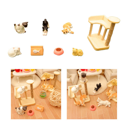 Miniature Doll House Cats Model Figure with Climbing Tree-A 2