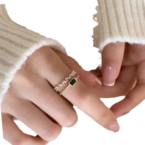 Fashionable Emerald Green Crystal Double Layer Ring-Gold