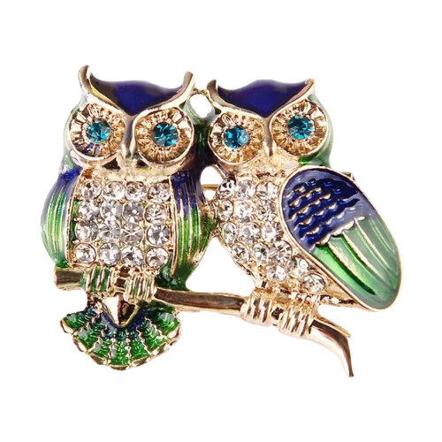 Owl Designs Brooch Decorated With Glittering Stones Multi