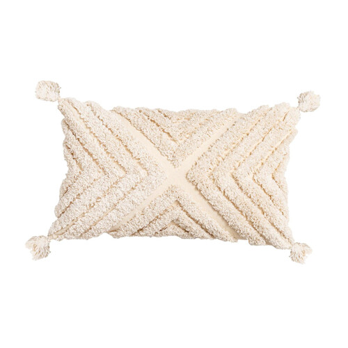 Capa de almofada retangular estilo boho, tecida à mão com detalhes tufados e franjas.