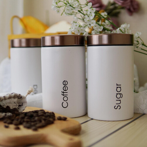 Conjunto de 3 latas de metal branco para café, chá e açúcar 1