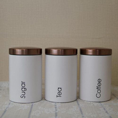 Conjunto de 3 latas de metal branco para café, chá e açúcar 2