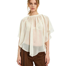(S, White) Womens Mesh Poncho Tops Mock Neck Loose Fit Solid Color See Through Flowy Summer Cover Up Shawl Wrap Blouse