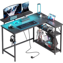 Xyphren L Shaped Gaming Desk with RGB LED Lights & Power Outlets, 100 cm Corner Computer Desk with Adjustable Shelves, Small Office Desk, Carbon Black