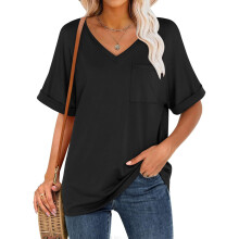 Womens V Neck T Shirts Cap Sleeve Work Casual Trendy-Black M