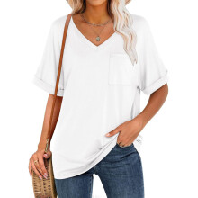 Womens V Neck T Shirts Cap Sleeve Work Casual -White XL