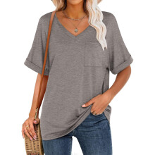 Womens V Neck T Shirts Cap Sleeve Work Casual Trendy-Gray M