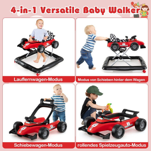 4-in-1 Adjustable Baby Walker - Red Car Design