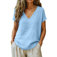 Casual V Neck Tee For Women Soft Fabric Loose-light blue XXL