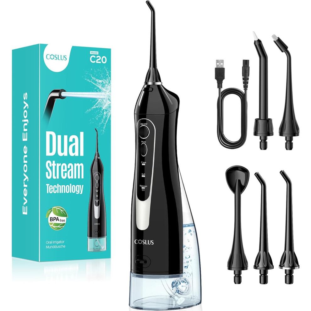 Coslus Water Dental Flosser For Teeth Cordless: Portable Oral Irrigator 300Ml 5 Jet Tips Rechargeable Tooth Flosser