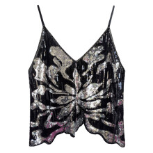 Sleeveless V Neck Crop Top Cami Sequins Tank Shirt-black silver