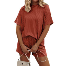 Women's Relaxing Two Piece Short Sleeve Pajama Set with-Red XXL