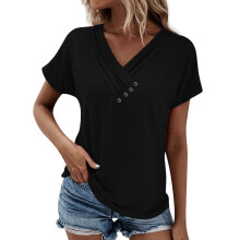 Womens Short Sleeve Tunic Top V Neck Button Shirts -Black S