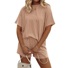Women Short Sleeve Pajama Set Ribbed Knit Crew Neck-Apricot XXL
