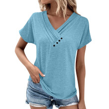 Womens Short Sleeve Tunic Top V Neck Button Shirts -Sky Blue M