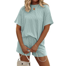 Women Lightweight Ribbed Knit Short Sleeve Pajama-Sky Blue L