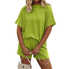 Women's Breathable Short Sleeve Pajama Top and Shorts-Green XL