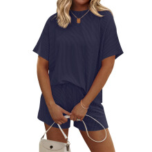 Women Short Sleeve Pajama Set Ribbed Knit Crew Neck-Navy Blue L