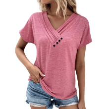 Womens Short Sleeve Tunic Top V Neck Button Shirts -Pink S