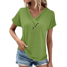 Womens Short Sleeve Tunic Top V Neck Button Shirts -Green XXL
