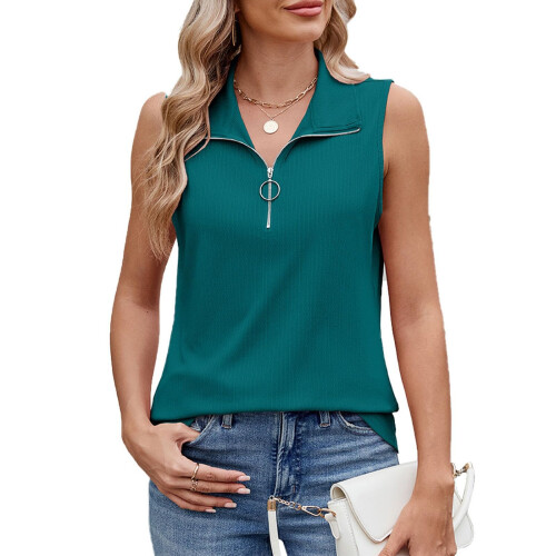 Women's solid color zippered collar loose-malachite green XXL