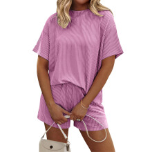 Women Practical Short Sleeve Pajama Set Top and-Purple XXL