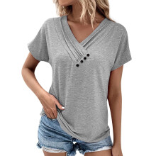 Womens Short Sleeve Tunic Top V Neck Button Shirts -Gray XXL