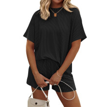 Women Relaxing Short Sleeve Pajama Set Pullover Shirt-Black XL