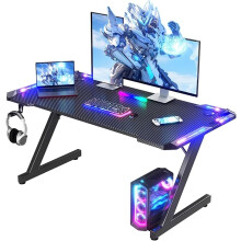 Homall Gaming Desk with LED Lights, 120 x 60cm RGB Gaming Table Z Shape, Large Computer Desk with Headphone Hook, Carbon Fibre Black