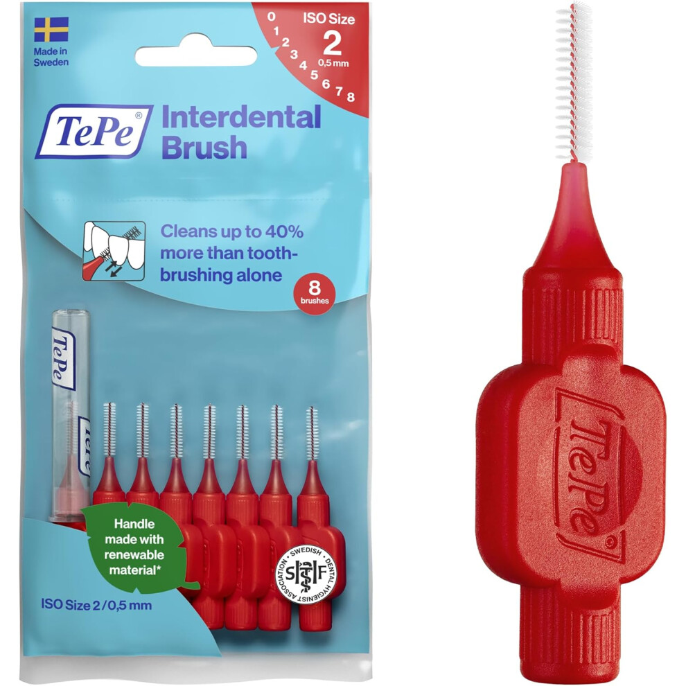 Tepe Red Interdental Brush, Original, 0.5Mm/Iso 2, 8Pcs, Efficient Cleaning Between Teeth, Plaque Remover And Dental Flosser For Narrow Gaps