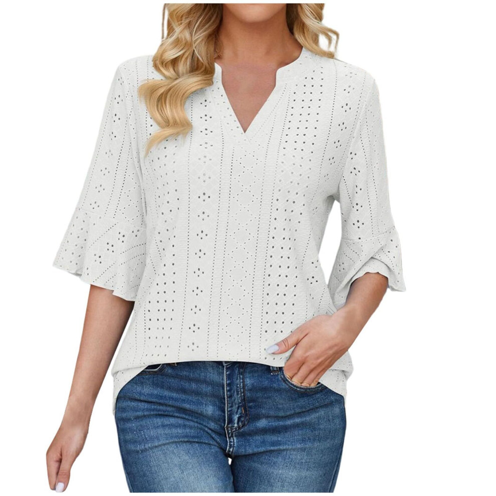 White Womens Casual Blouses Shirts V Neck Trendy Business- M