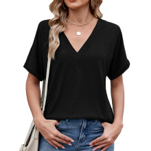 Women's Summer V-neck Loose T-shirt with Rolled Hem-Black S