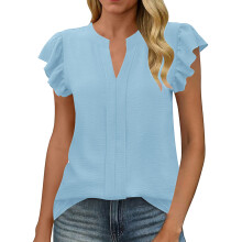 Womens Business Summer Tops Casual V Neck Ruffle Cap-Sky Blue M