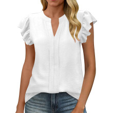 Womens Business Summer Tops Casual V Neck Ruffle Cap-White XL