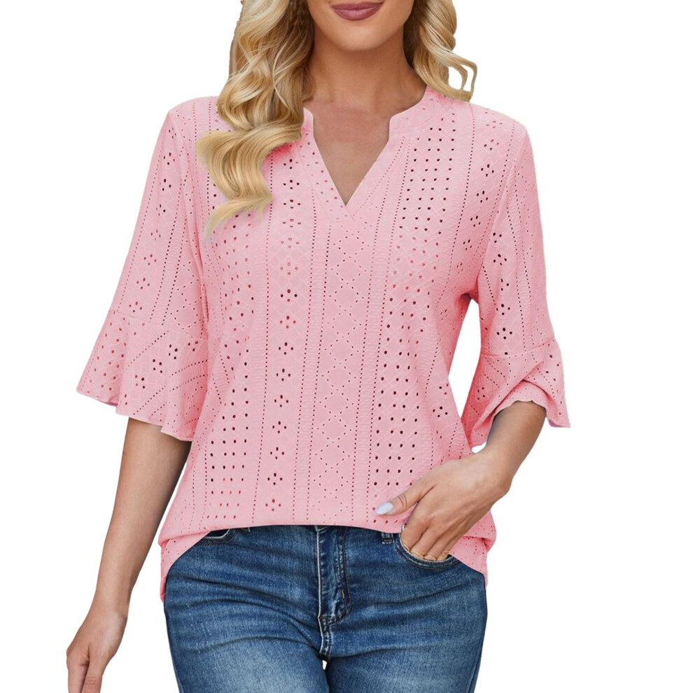 Pink Womens Casual Blouses Shirts V Neck Trendy Business- L