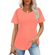 Womens T Shirts Short Sleeve Pleated Dressy Casual-Pink S