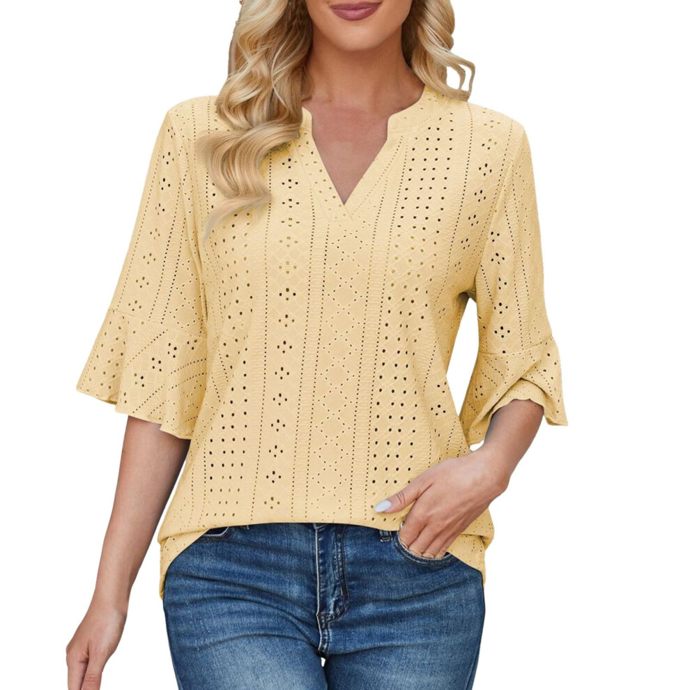 Yellow Womens Casual Blouses Shirts V Neck Trendy Business- M