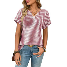 Women's Casual Short Sleeve V-Neck Loose Fit -Burgundy XXL