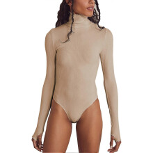 Women's Long Sleeve One Piece Suit High Neck Long Sleeve Slim Ribbed Solid Color One Piece Bodysuit for Party XL Apricot