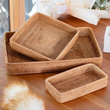 Vietnamese handgeweven rotan mandenset - 3-delige theeschotel en snackopbergmand, boho woonkamer organizer met natuurlijke textuur_M