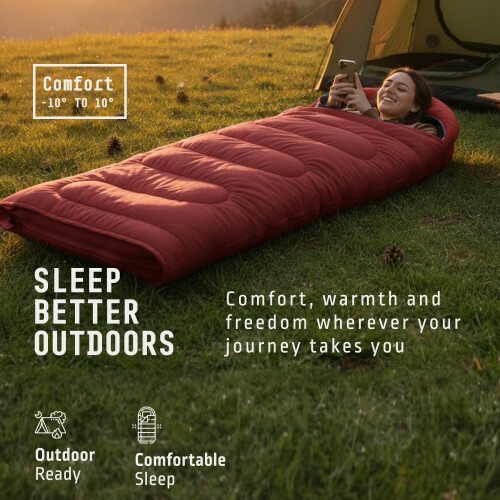 Voyager Sleeping Bag for Adults Lightweight, Compact, Versatile, Red 1