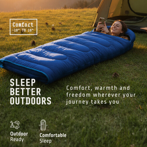 Voyager Sleeping Bag for Adults, Versatile 3-4 Season Temperature, Blue 1