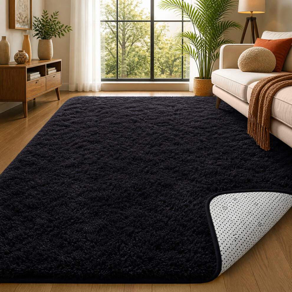 Imperial Rooms (160Cm X 230Cm (5Ft 3" X 7Ft 6"), Shaggy Rugs) Fluffy Rug Non-Slip Shaggy Rugs Living Room Carpet Black